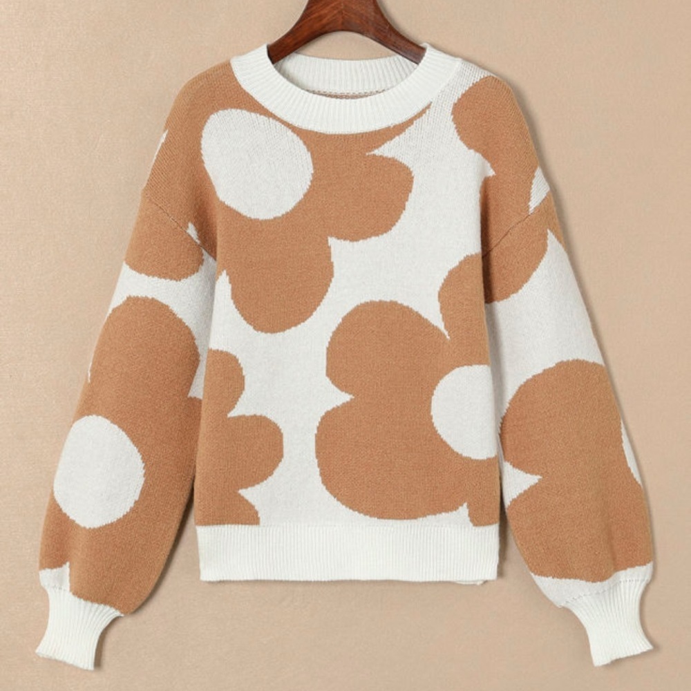 Khaki Big Flower Pattern Shift Drop Shoulder Sweater